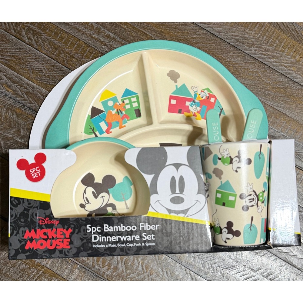 Disney Dinnerware Set Kids OS Green New Mickey Mouse 5pc Bamboo Fiber Set